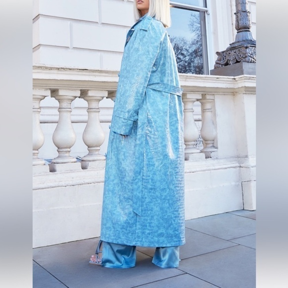 NEW Pretty Little Thing Pale Blue Croc PU Trench Coat | Size 10 - Picture 4 of 12